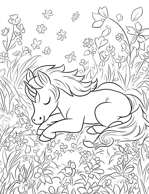 A sleeping unicorn surrounded by flowers in a peaceful meadow