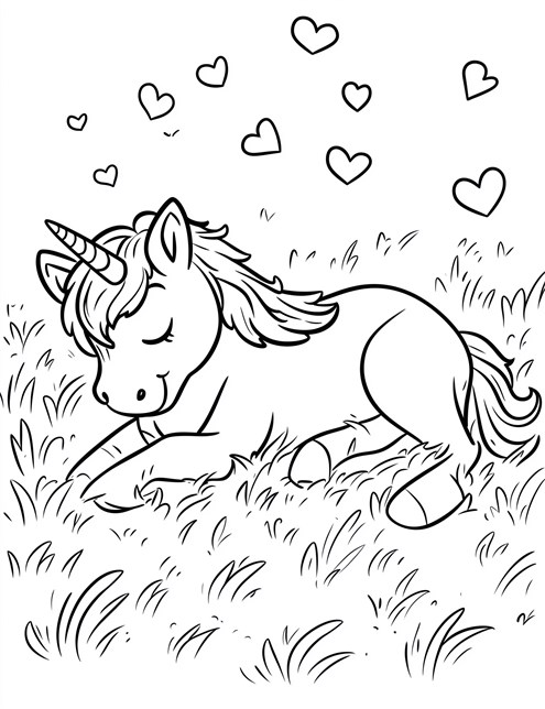 A sleeping unicorn in grass with hearts floating above