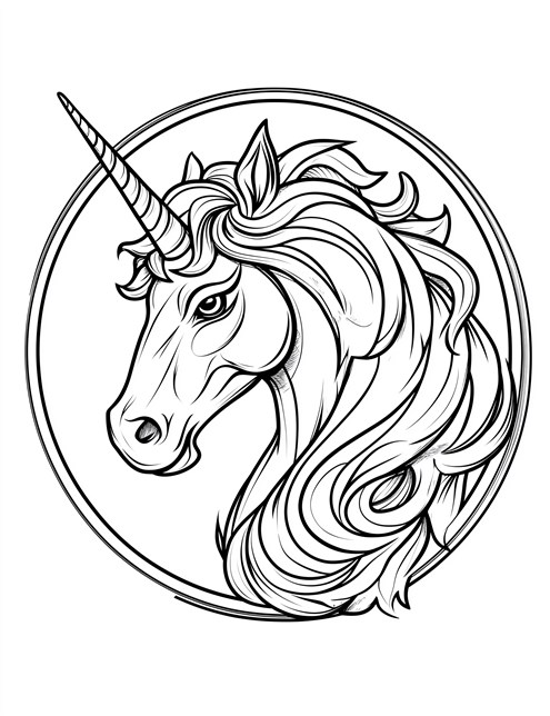 A unicorn’s head with a flowing mane inside a circle