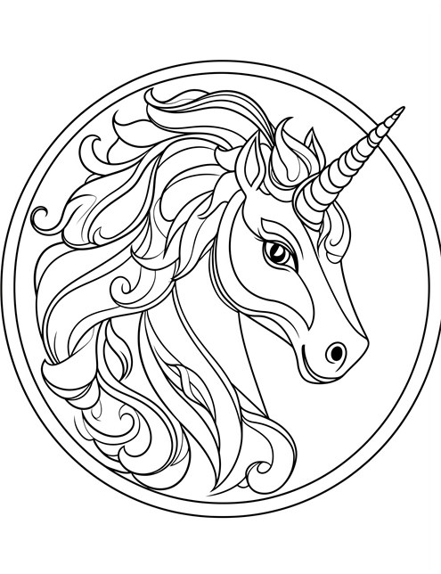 A unicorn head with a flowing mane inside a circle