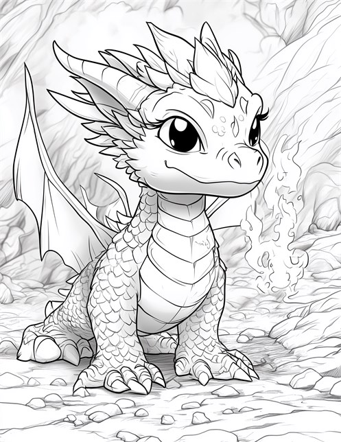 Cute dragon with scales big eyes and tiny fire