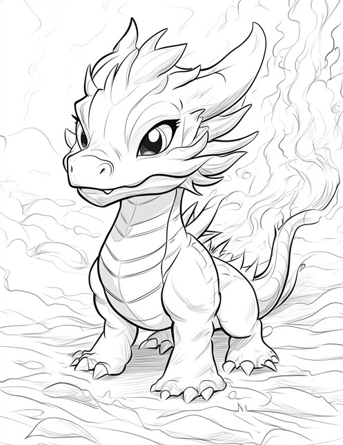 Baby dragon with big eyes and spiky scales standing strong