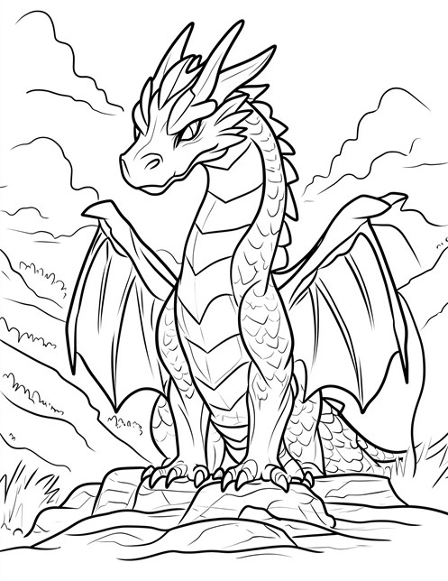 Strong dragon with big wings standing on rock