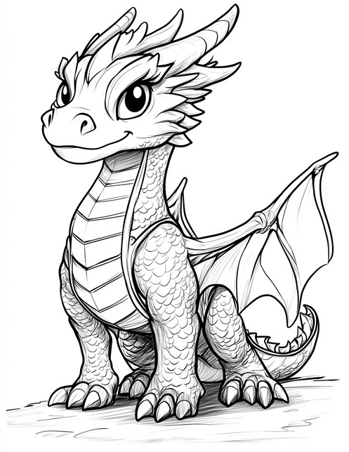 Friendly dragon with big eyes and small wings smiling