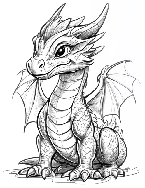 Baby dragon with scales big eyes and small wings sitting