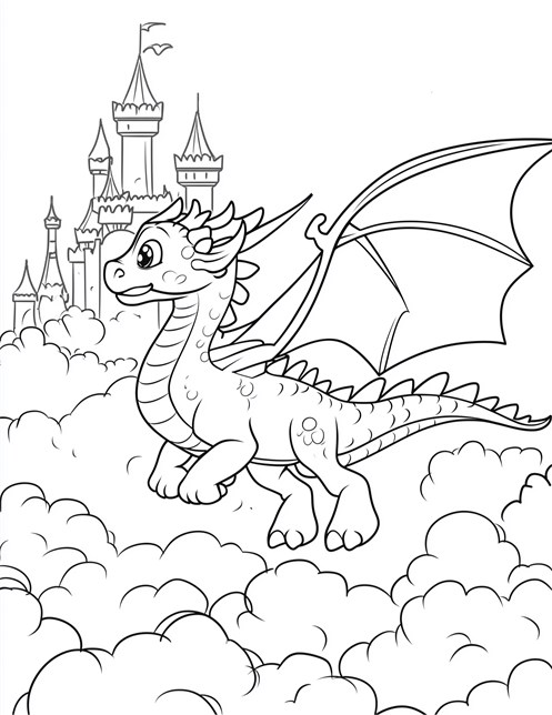 Flying dragon above clouds near castle with tall towers