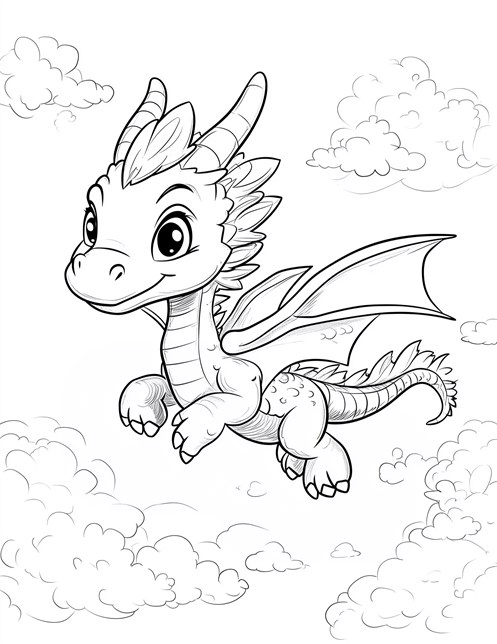 Cute dragon flying in sky surrounded by fluffy clouds