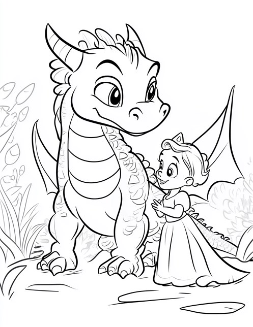 Friendly dragon with little princess standing together outside smiling