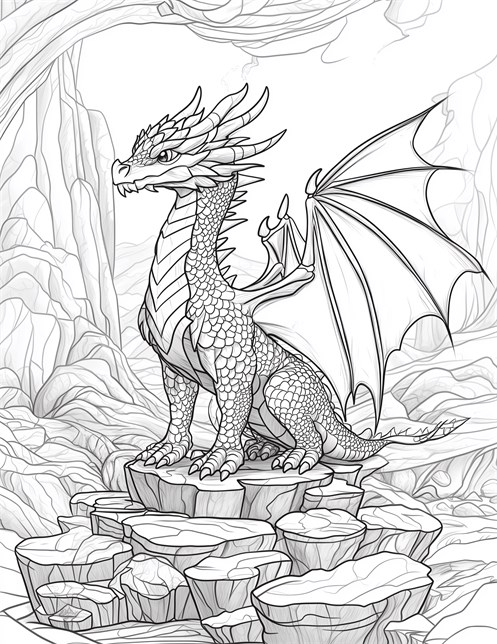 Majestic dragon standing on rocks with wings spread wide