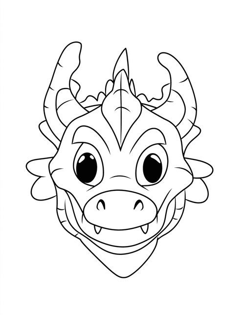 Cute dragon face with big eyes and small horns smiling