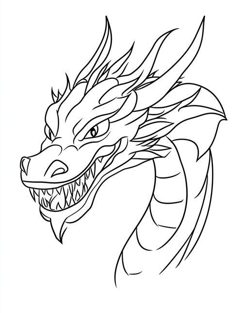 Fierce dragon head with sharp teeth and intense eyes snarling