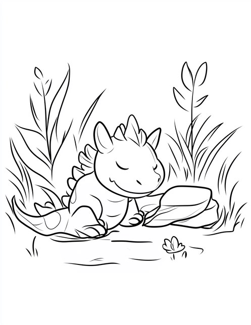 Cute dragon sleeping rock near grass smiling peacefully