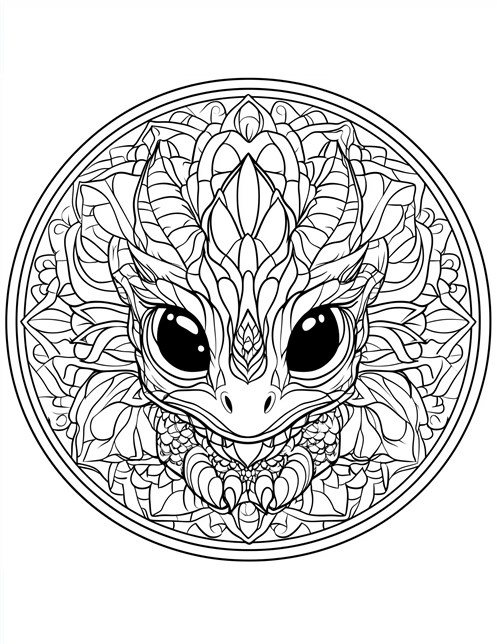 Dragon face surrounded by detailed patterns in circular design