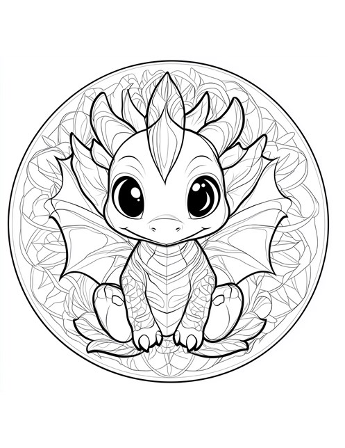 Cute baby dragon sitting in circular pattern with big eyes