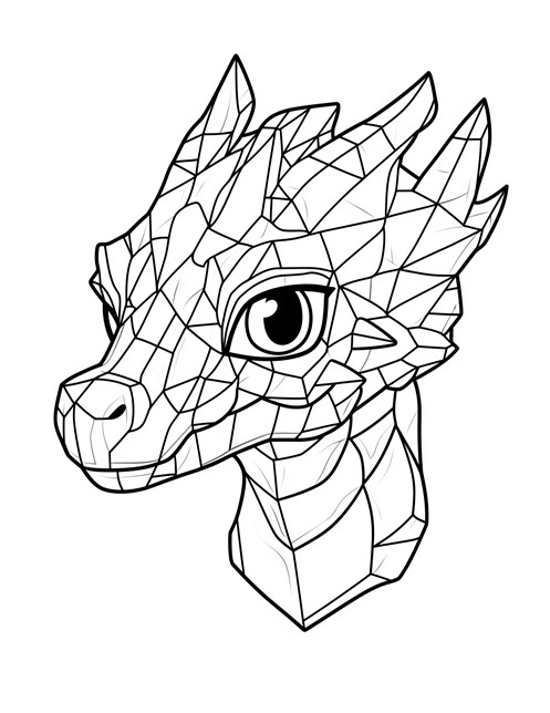 Dragon head with geometric scales and large curious eye