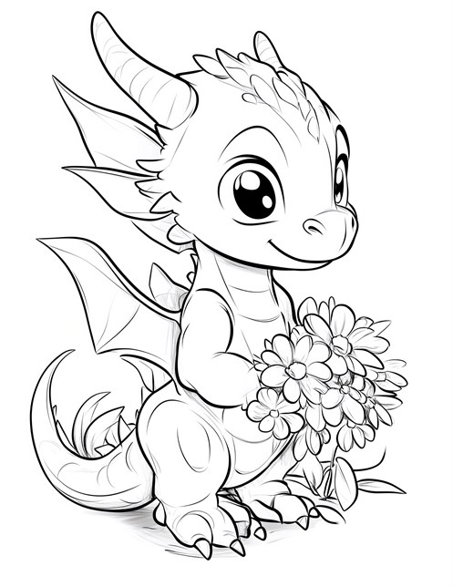 Cute dragon holding flowers with big eyes and small wings