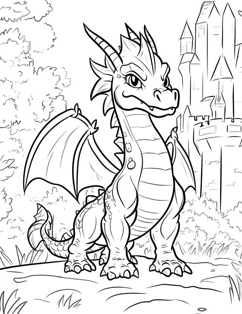 Strong dragon standing confidently near castle with big wings