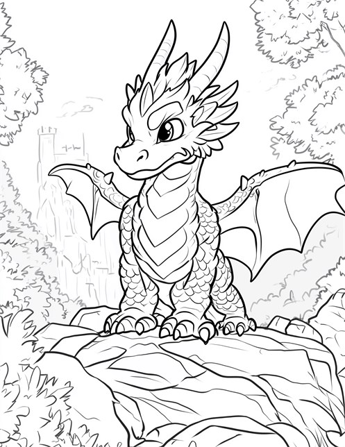 Dragon standing on rock with wings open and castle background