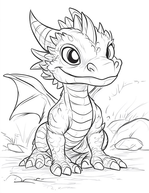 Cute baby dragon sitting with big eyes and tiny wings