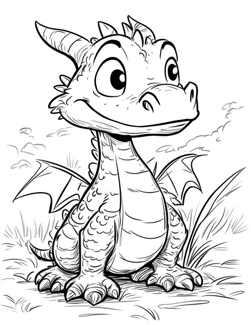 Happy dragon with small wings big eyes sitting on grass