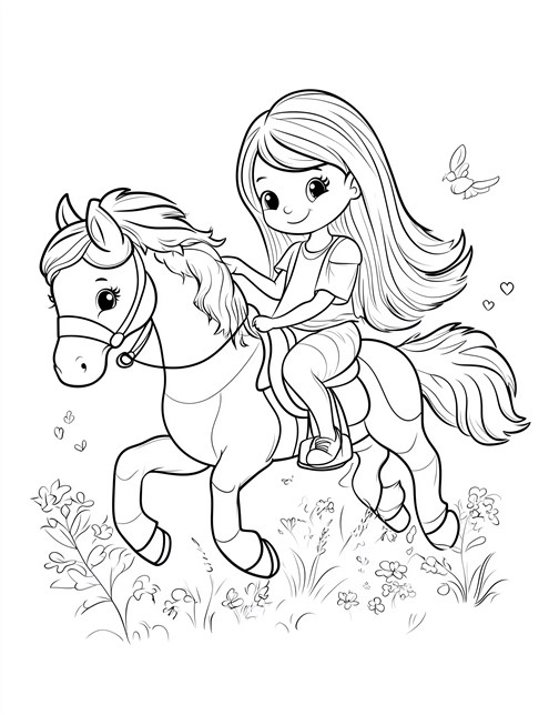 Girl riding pony through flowers with butterfly nearby smiling happily