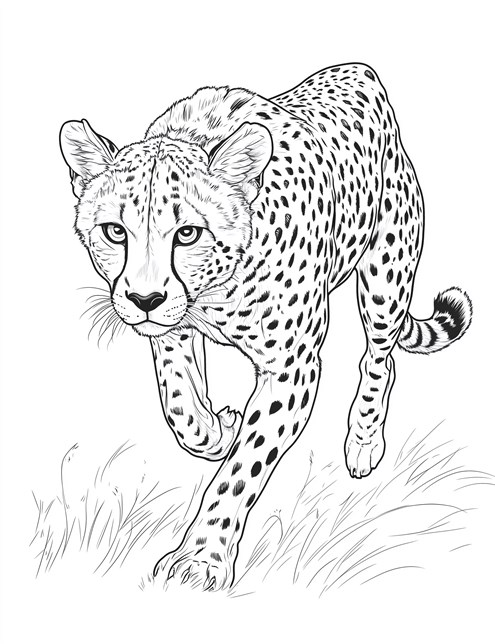 Cheetah walking slowly through grass with intense eyes and spots