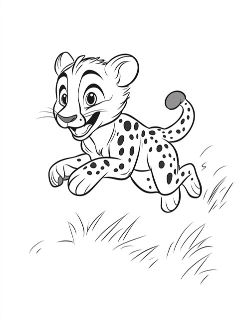 Happy cheetah cub running through grass with big smile