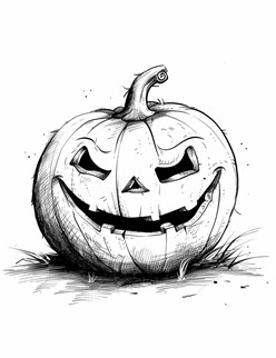 A creepy, grinning pumpkin with sharp eyes and a twisted stem, sitting on the ground