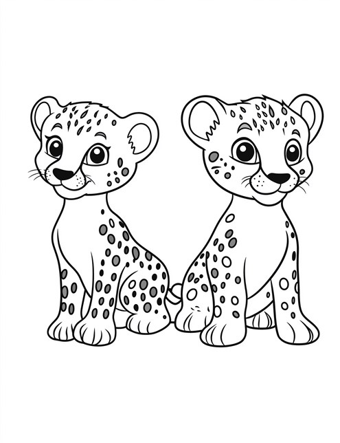 Two cute cheetah cubs sitting together looking happy and friendly