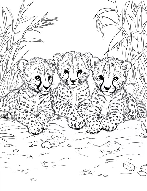 Three cheetah cubs lying together with adorable faces and spots