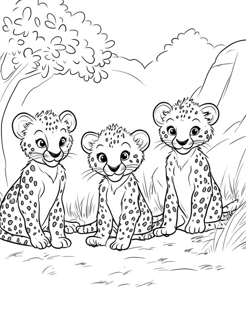 Three cheetah cubs sitting together in grass smiling happily