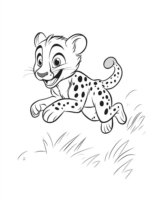 Cheetah cub running happily through grass with a big smile