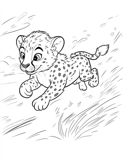 Cheetah cub running fast through tall grass looking happy