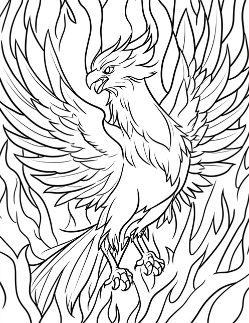 Phoenix flying through flames with wings outstretched and sharp beak