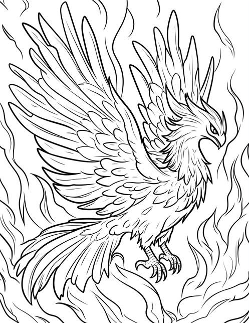 Phoenix flying through flames with wings spread and sharp claws