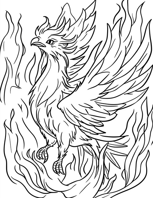 Phoenix standing in flames with wings spread and fierce eyes