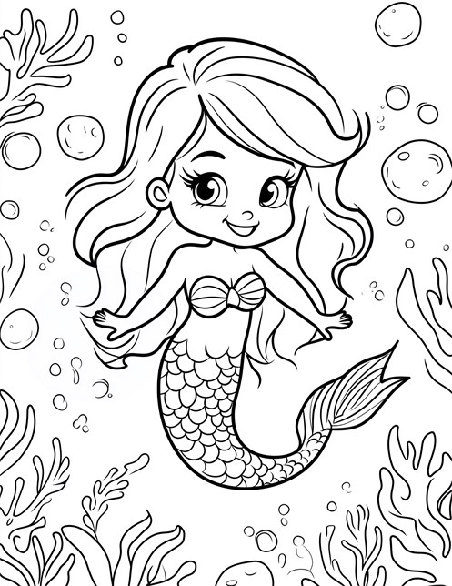 Smiling mermaid swimming underwater with bubbles and seaweed