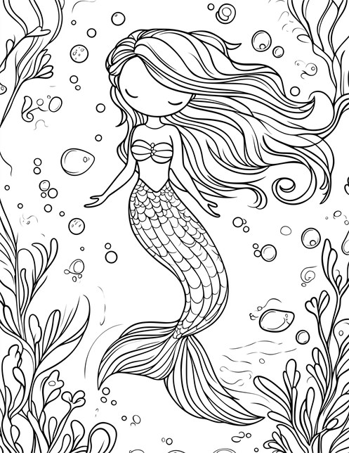 Peaceful mermaid floating underwater with flowing hair and bubbles