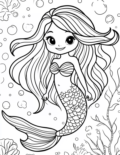 Smiling mermaid swimming underwater with long hair and bubbles