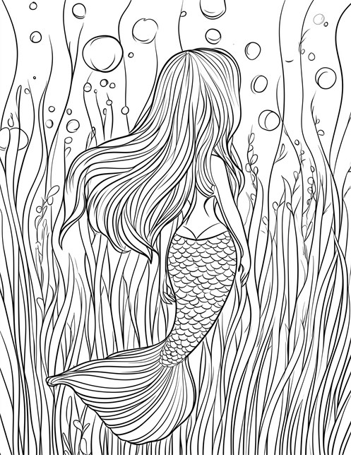 Mermaid with long hair swimming underwater surrounded by tall seaweed