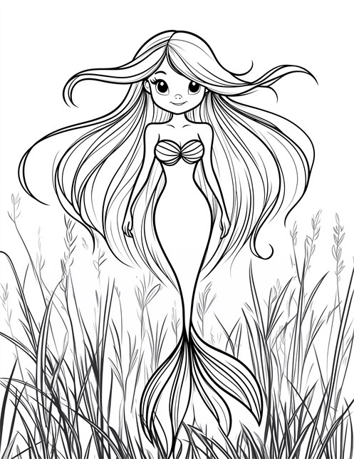 Mermaid with flowing hair standing underwater surrounded by tall sea grass