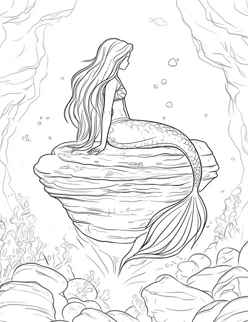 Mermaid sitting on rock underwater with flowing hair and tail