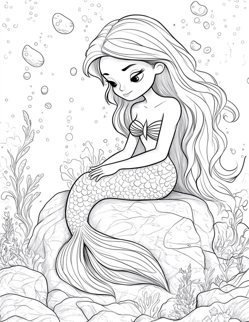 Mermaid sitting on rock underwater looking thoughtful with flowing hair