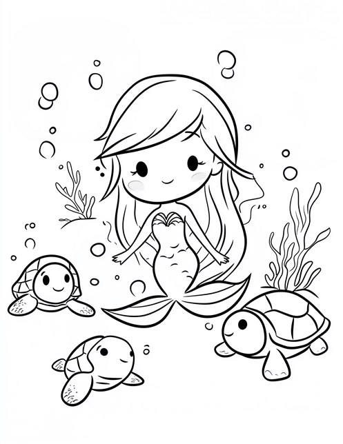 Cute mermaid underwater with three smiling turtles and bubbles