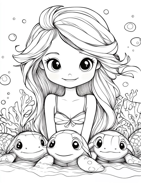 Smiling mermaid with three cute turtles underwater surrounded by bubbles