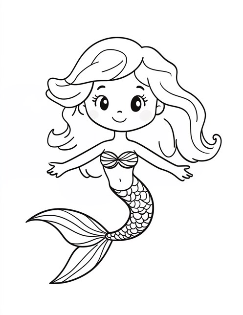 Cute mermaid smiling with flowing hair and a shiny tail