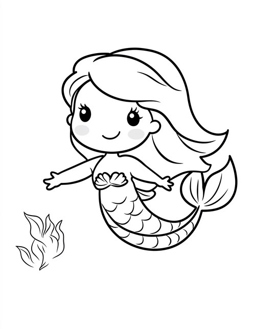 Smiling mermaid with flowing hair and small seaweed nearby