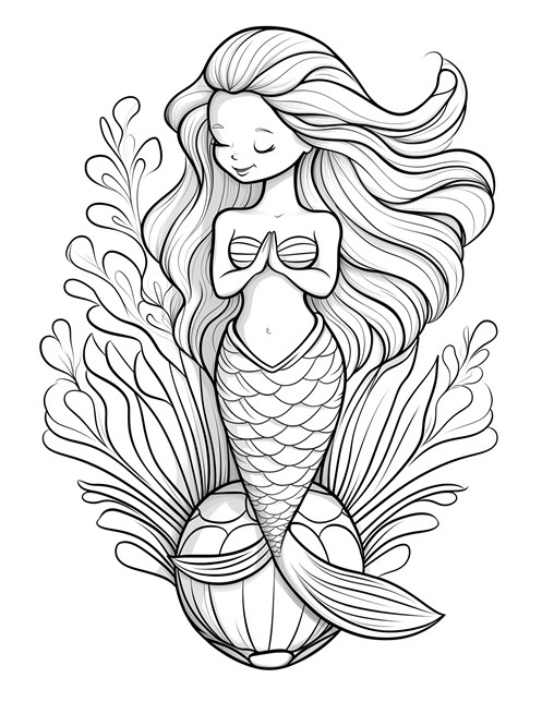 Peaceful mermaid with flowing hair sitting on shell with seaweed