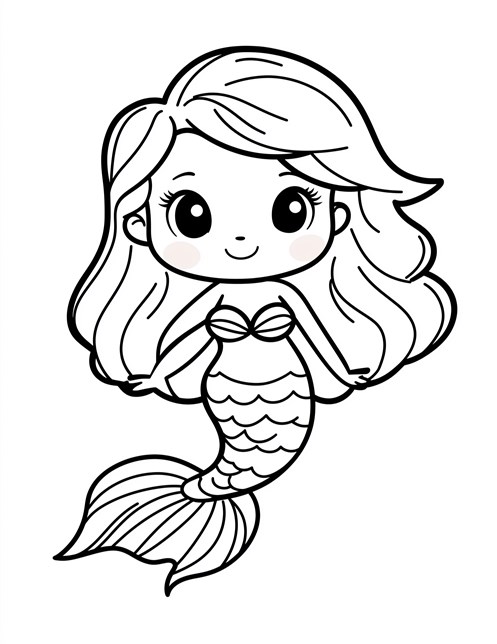 Cute mermaid with big eyes and flowing hair smiling happily