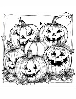 Five smiling jack o lanterns grouped together with different expressions, surrounded by leaves and vines